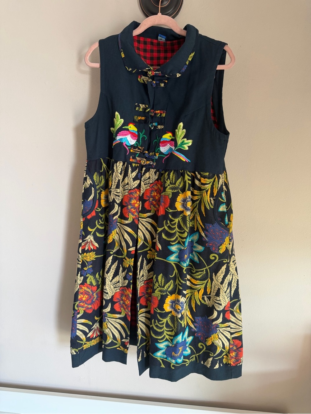 Vintage Boho Embroidered Songbird Floral Pinafore Dress with Frog Closures L